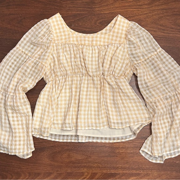 Gingham Ruffle Blouse - Tan - Picture 1 of 2